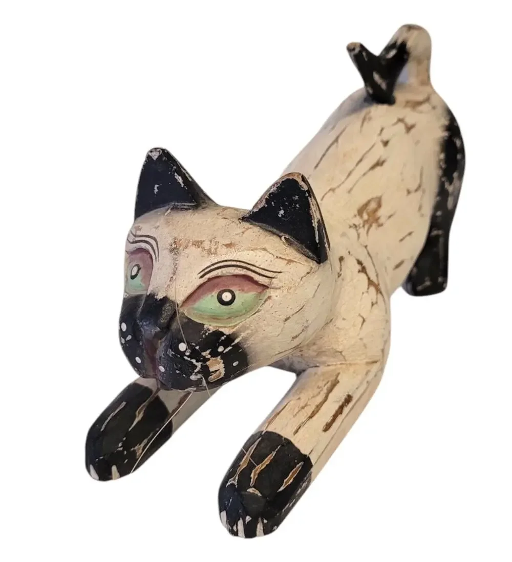 Siamese Cat Wooden Figurine Statue Green Eyes Stretching Animal Table Decoration